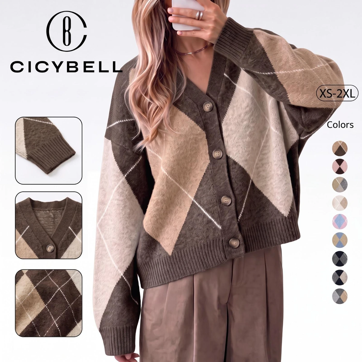 Cicy Bell Argyle Button-Front Cardigan, product code NX2674